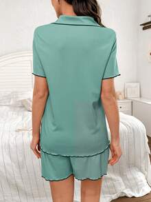 Moonlight&Mama 2pcs Contrast Trim Collared Cardigan & Shorts Set, Knit Maternity Loungewear In Khaki - Cadet Blue - View 2