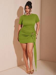 SHEIN BAE Vestido de mujer talla grande marrón de manga corta con hebilla de metal dorado, vestido de verano para vacaciones en la playa - Verde Lima - Ver 5
