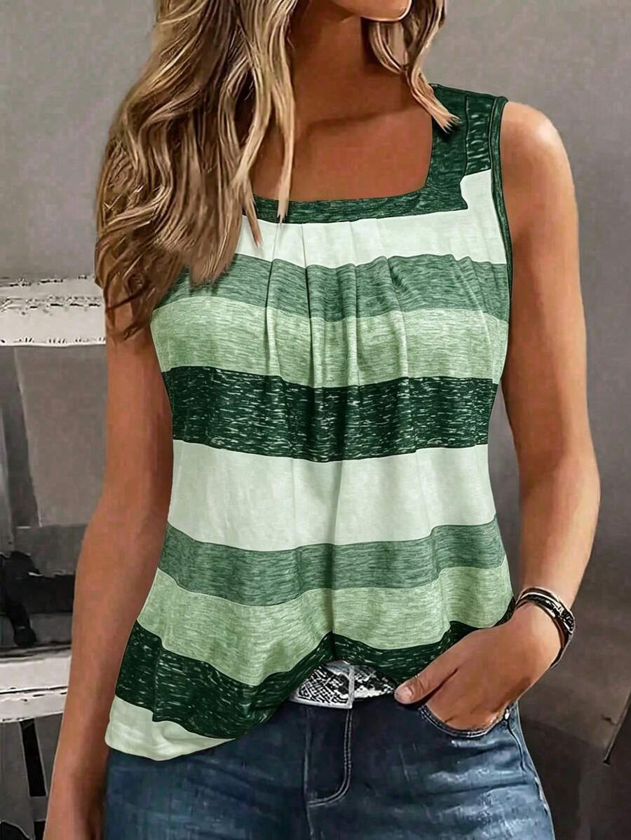 EMERY ROSE Holiday Casual Color Block Striped Tank Top Graphic Tees Women Tops - Mint Green - View 1