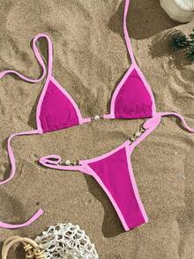 Swim Vcay Bộ Bikini Nữ Nhẫn Tương phản ràng buộc màu trơn - Màu Hồng Tươi - Xem 3