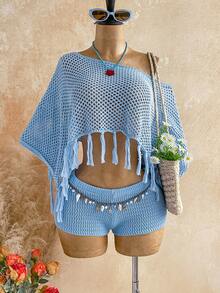 Soleia 2件組女款休閒度假套裝：閃亮藍色流蘇鉤編和服上衣 + 流蘇鉤編低腰短褲，適合休閒約會、下午茶、早午餐、海灘、郵輪、城市度假、音樂節、派對、波西米亞風、嬉皮風、西部風格，可內搭或外穿，四季皆宜，日常通勤、婚禮季節 - 淺藍色 - 查看 8