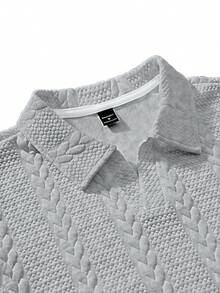 Manfinity Homme Men's V-Neck Polo Shirt,Light Grey Summer Textured Fabric Embroidered Design,Smart Casual Vacation Fashionable Versatile Comfortable Daily Wear Gift - Grey - View 3