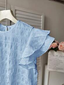 Kids Teen Girls Blue Summer Elegant Party Blouse,Textured Woven Round Neck Ruched Ruffle Trim Cap Sleeve Fitted Casual Blouses For Vacation Outing - Blue - View 5