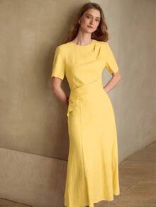 MOTF PREMIUM WOMEN'S 100% LINEN CASUAL & DATE ROUND NECK SHORT SLEEVE MIDI DRESS, SPRING/SUMMER - Yellow - View 6
