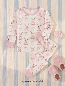 Cozy Pixies 女童兔子蝴蝶结针织柔软圆领长袖上衣和松紧腰长裤两件套贴身睡衣套装，适合居家、度假、复活节、叠穿等多种场合。 - 彩色 - 查看 9