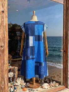 Rusticease Plus Size Women's Patchwork Colorblock Round Neck Fashionable Vacation Dress  Summer Spring Clothing Country Style For Women - Blue - View 3