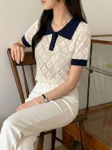 DAZY 女款商務休閒 Polo 領短袖針織上衣 - 米色 - 查看 3