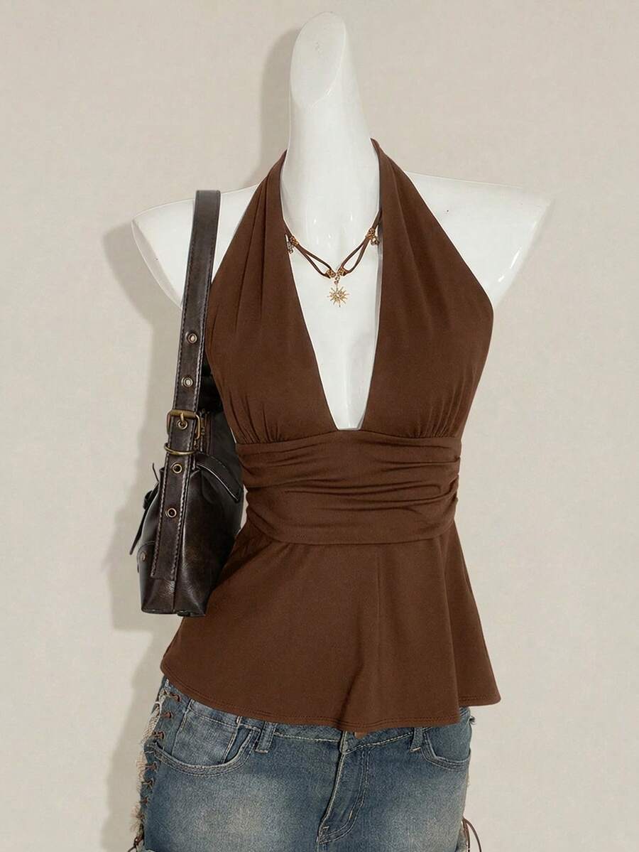 SHEIN ICON 萬聖節女款掛脖露背黑色娃娃裝背心上衣 - 咖啡棕 - 查看 1