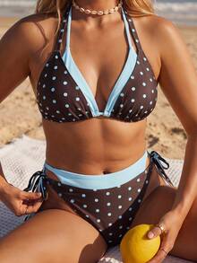 Swim Vcay Women's Plus Size Polka Dot Print Solid Color 2-Piece Halter Neck Backless Tie Triangle Bikini Set Set For Vacation Beach Summer Sexy 1920s - Multicolor - View 3