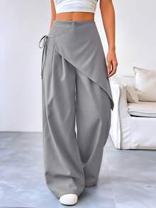 SHEIN Raffinéa Women's Fashion Lace-Up Asymmetrical Patchwork Button Casual Long Pants - Grey - View 3