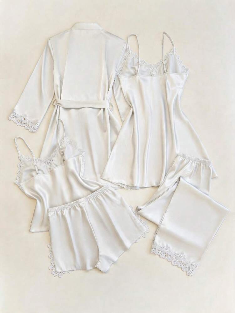 SilkySpell 5pcs/Set Women's Faux Silk Pajamas With Embroidered Lace V-Neck Camisole Top, Shorts, Long Pants, Slip Dress And Robe - White - View 2