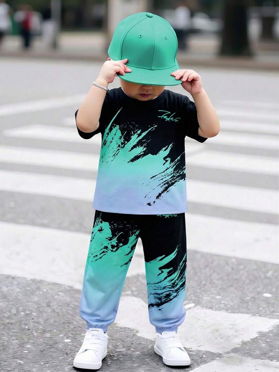 SHEIN Young Boy Color Block Print T-Shirt And Long Pants 2 Pieces Set - Multicolor - View 1