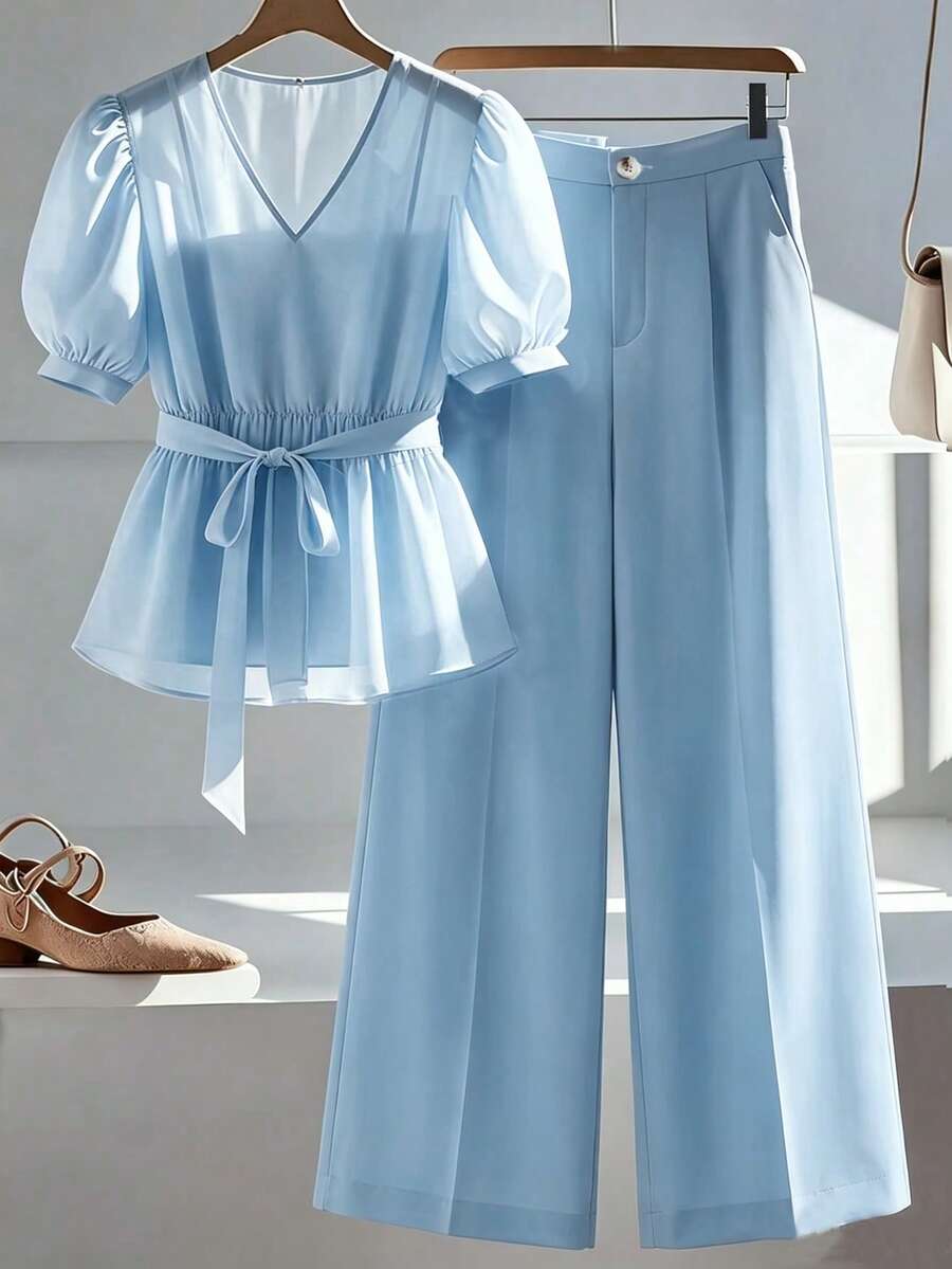 GlowEve CURVE Plus Size Elegant Women's Set: Short Flutter Sleeve Knit Patchwork Contrast Collar Top And High Waist A-Line Skirt 2 Pieces Set - Blue - View 1