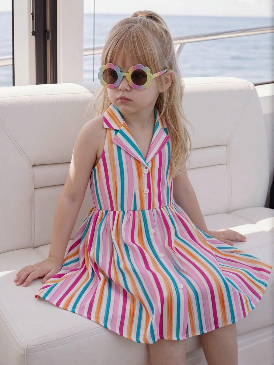 SHEIN Elladie kids 女童彩色条纹Polo领露背系带连衣裙，柔软梭织面料，可爱甜美风格，优雅舒适，适合上学、郊游、派对、春夏季节穿着。