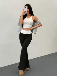 SHEIN PETITE 女款高腰彈力瑜伽褲，黑白配色冬季休閒居家收腹運動褲，春夏極簡街頭風旅行款，適合嬌小女性 - 黑色 - 查看 6