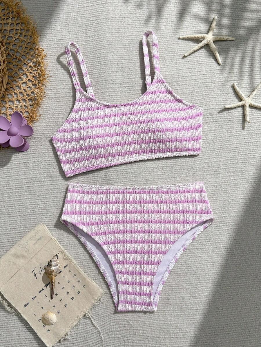 SHEIN Set Bikini Bergaris untuk Anak Perempuan Remaja, Pakaian Renang Dua Potong Kasual dengan Desain Bawahan Segitiga, Cocok untuk Liburan, Pantai, Musim Panas - Mauve Purple - View 1