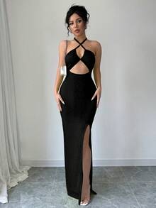 Nevyona Vestido maxi negro ajustado con cuello de halter, espalda descubierta y abertura alta, para salir - Negro - Ver 5