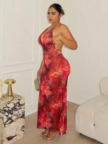 Maria Perezxox Đầm nữ cổ chữ V khoét lưng xếp ly, chất liệu lưới dệt kim in họa tiết, thích hợp cho kỳ nghỉ xuân/hè. - Đỏ - Xem 5