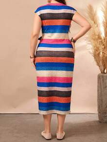 EMERY ROSE Plus Size Women Striped Print Twist Front Short Sleeve Casual Dress Maxi Women Outfit - Multicolor - View 2