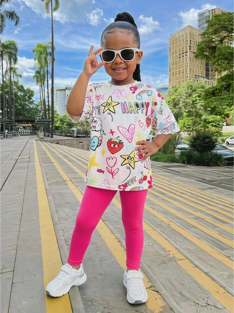 2pcs/Set Kids Girls Summer Back-To-School School Casual Cute Cartoon Star,Heart,Flower,Rainbow,Cherry,Happy Letter Print T-Shirt And Pants Set - Hot Pink - View 1