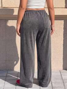 Muchica Plus Size Women Drawstring Waist Wide Leg Loose Casual Sweatpants - Dark Grey - View 2
