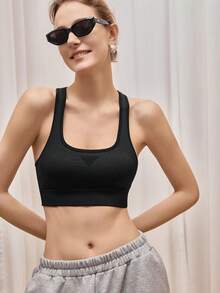 Bralution Women's Minimalist Solid Color Square Neck Sports Bra - Black - View 8