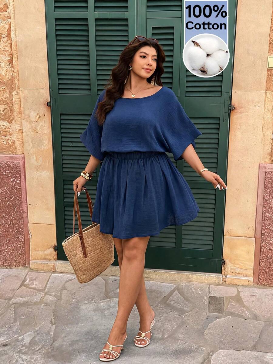 Elaquor Plus Size Casual Solid Color Batwing Sleeve Dress - Navy Blue - View 1