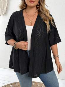 SHEIN CURVE+ Cubre ligero de manga corta y frente abierto de punto jacquard para mujer de talla grande - Negro - Ver 5
