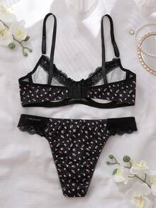 FairyFlirt Bộ 2 món áo ngực ren hoa phối patchwork có gọng, phong cách đồng quê lãng mạn trang trí nơ - màu đen - Xem 2