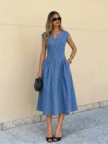 Selenza Women's V-Neck Ruched Casual Denim Dress - Blue - View 8