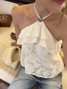 Firerie Apricot-Colored Textured Flowered Blouse With A Neckpiece And A V-Neckline, Featuring Ruffled Edges On The Sleeves Summer Holiday Going Out Trending - Apricot - View 2