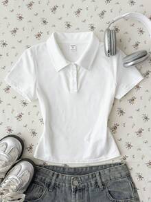 青少年女孩 白色素色休閒簡約半拉鍊 Polo 領修身短袖 T-shirt - 白色 - 查看 8