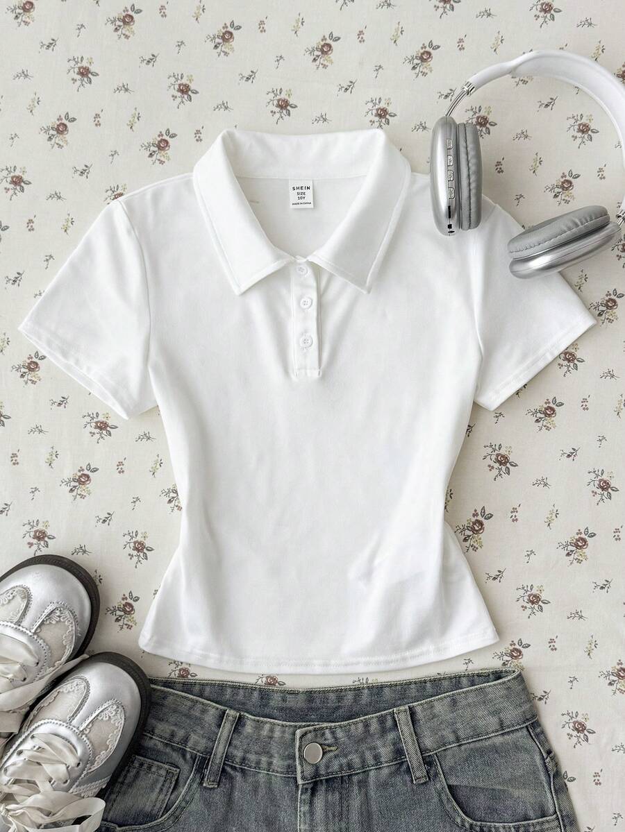 少女白色純色休閒極簡半拉鍊 Polo 領修身短袖 T-shirt - 白色 - 查看 1