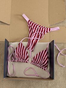 Swim Mod 2piezas/Set Bikini de Copa Triangular con Tirantes Halter para Vacaciones en la Playa, Primavera/Verano - Multicolor - Ver 3