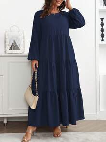 Vionelle Plus Size Women's Spring Summer Solid Round Neck Lantern Sleeve Ruffle Hem Loose Casual Dress Maxi Women Outfit Fall Cloth For Women - Navy Blue - View 5