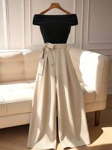 GlowEve CURVE Jumpsuit Wanita Ukuran Besar Elegan untuk Pesta Kasual dan Perjalanan, Desain Tali Simpul Pita Bahu Terbuka - Aprikot - View 3