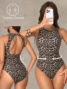 Shapewave Women's Leopard Print One-Piece Swimsuit, Suitable For Beach Vacation Vacation, Pool Party, Beach Party Beige Summer Tropical - Multicolor - View 1