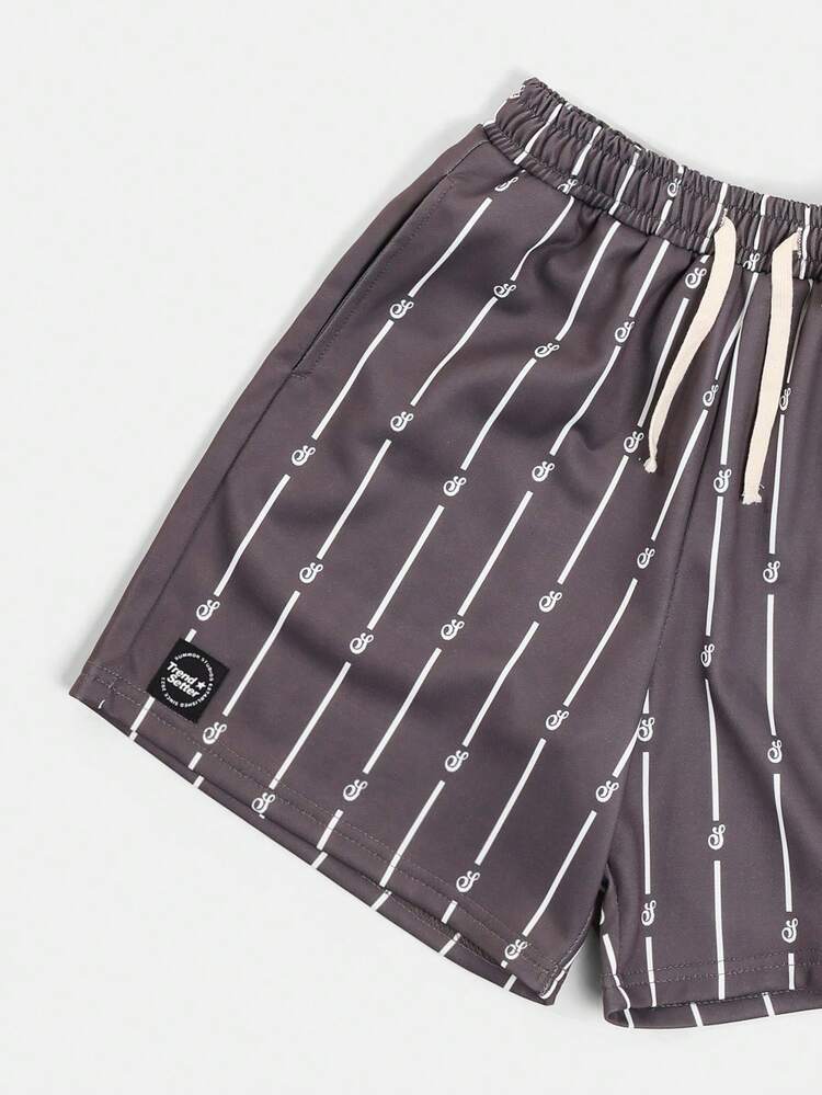 Conjunto Coordenado para Meninos Pré-Adolescentes, Camiseta com Gola Careca e Fita e Shorts Listrados, Conjunto Casual de Verão com Estampa Gráfica LA