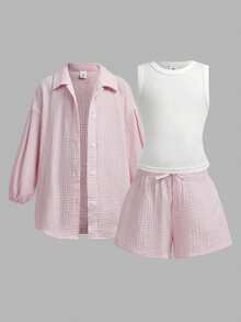 SHEIN 少女休閒時尚紋理印花三件套 襯衫+背心+短褲，100%純棉，柔軟舒適 - 粉色 - 查看 12