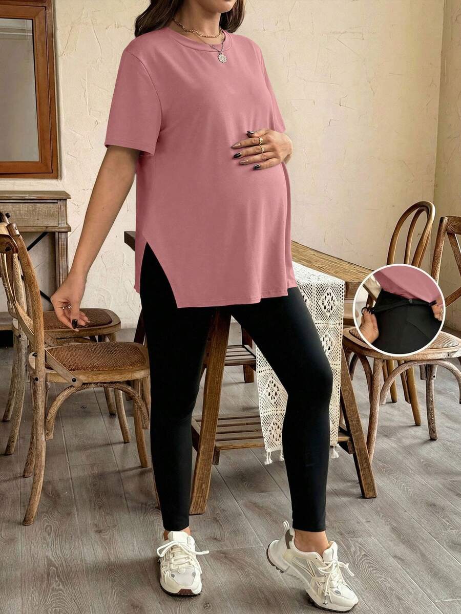 SHEIN 孕婦寬鬆素色開衩短袖T恤與可調節腰圍長褲2件組 - 西瓜粉 - 查看 1