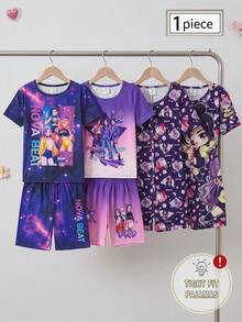 女童短袖连体睡衣，未来感印花，紫色短袖连体衣，饰有卡通韩流主题图案，包括女孩角色、星星、月亮和“K-POP”字样，色彩缤纷，梦幻可爱，采用弹力舒适面料制成，适合居家休闲穿着。 - 紫色 - 查看 1