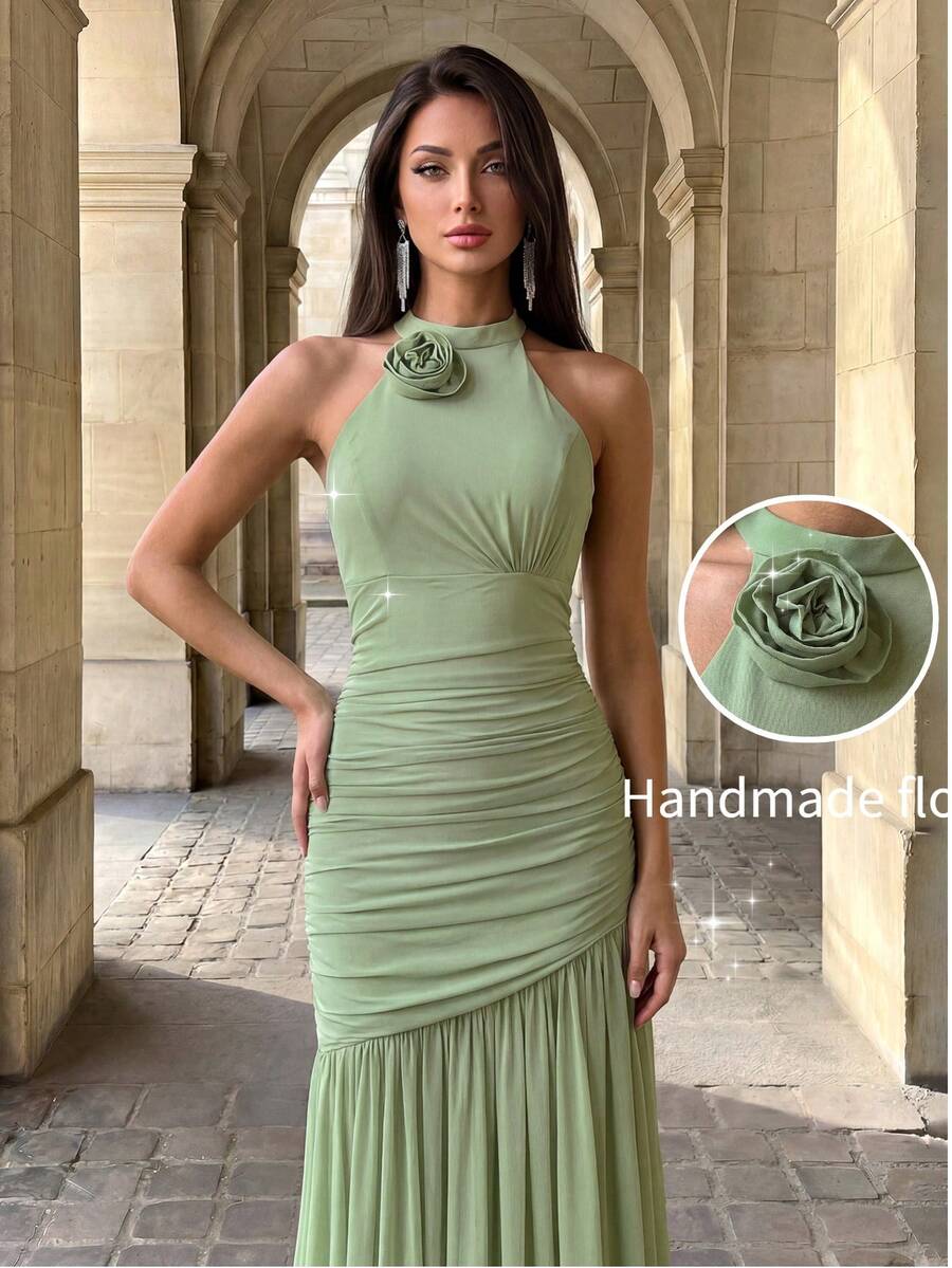Firerie Elegant Powder Blue Floral Ruched Bust Mesh Overlay Fishtail Maxi Bridesmaid Dress Green Wedding - Mint Green - View 1