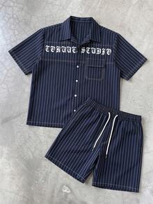 PAVTROS Men's Summer Lightweight Thin Striped Woven Retro Denim-Feel Gothic Text Print Short Sleeve Shirt And Casual Shorts Set - Navy Blue - View 3