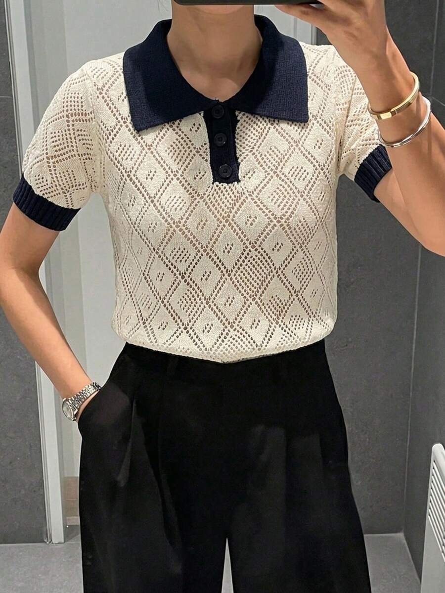 DAZY 女款商務休閒 Polo 領短袖針織上衣 - 米色 - 查看 1
