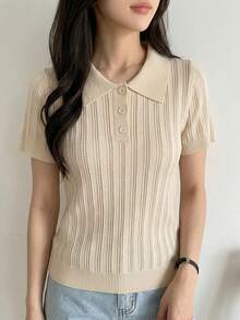 DAZY 女款商務休閒 Polo 領短袖針織上衣 夏季 - 杏色 - 查看 3