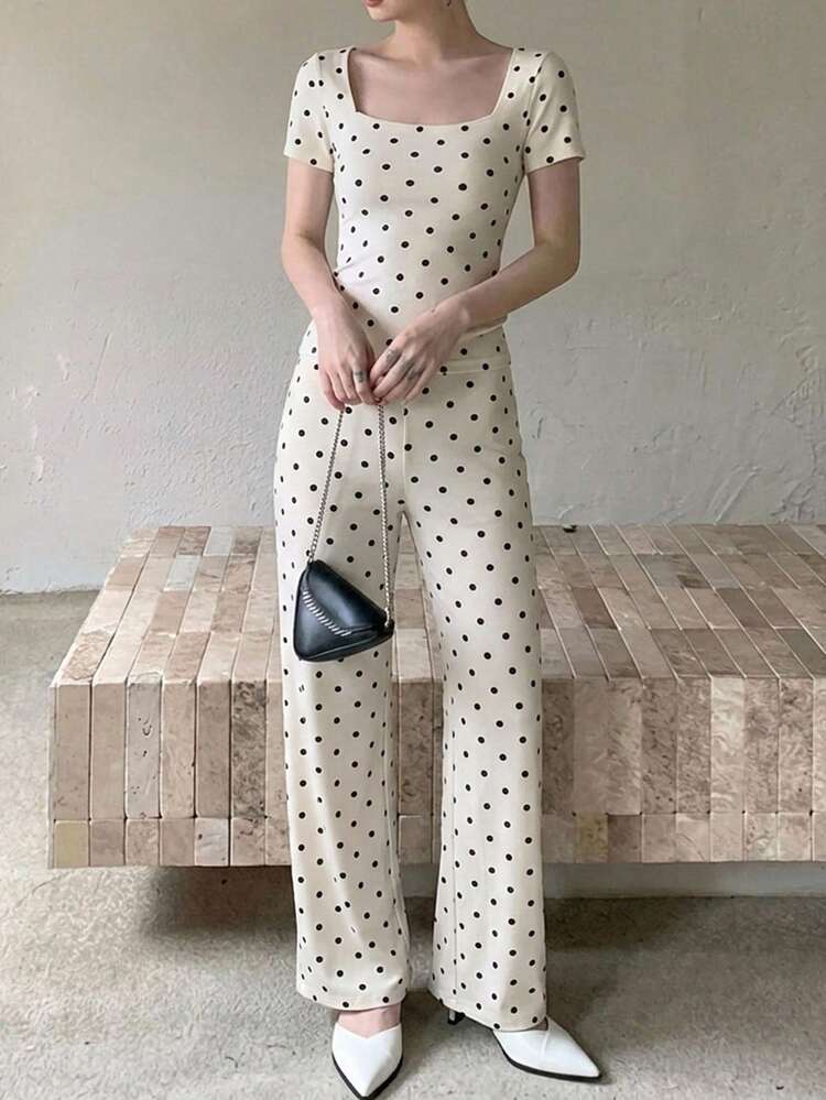 2pcs/Set Women's Polka Dot Print Square Neck Fitted Short Sleeve T-Shirt And Straight Long Pants Pajama Set, Summer