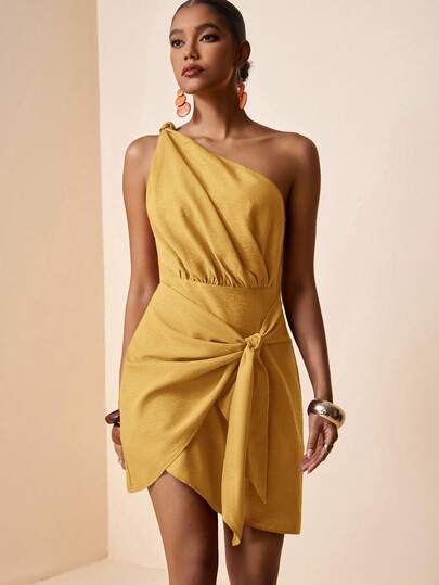 Zivah 2026 Spring/Summer Easter St. Patrick's Day Valentine's Day Date Holiday Vacation Western Sexy One-Shoulder Tie-Waist Mini Dress Linen Mustard Yellow