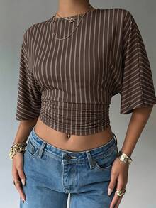 Aloruh Women's Brown Striped Print Round Neck Batwing Sleeve Ruched Design Cropped Fashionable Top - Brown - View 4
