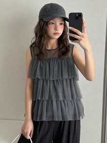Dazy Kids 少女網紗百褶休閒百搭日常外出上衣 夏季款 - 灰色 - 查看 4