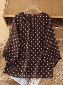 SHEIN LUNE CURVE Áo sơ mi nữ size lớn dáng rộng phong cách thường ngày đi nghỉ mát, cổ chữ V, tay lồng đèn, kiểu vintage - màu nâu - Xem 2